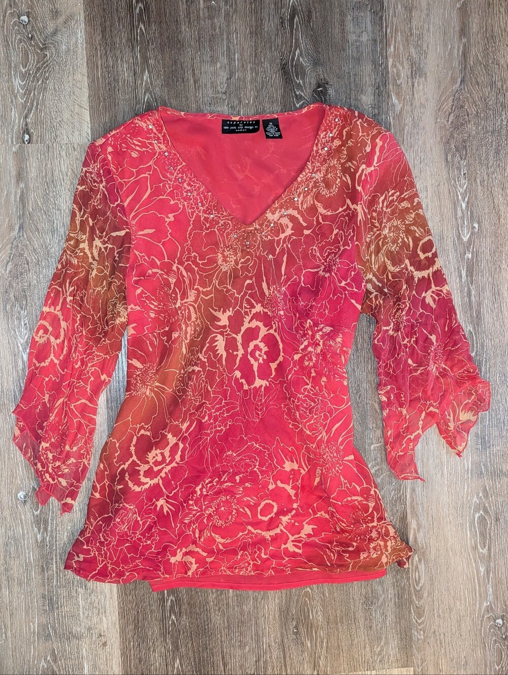 Vintage Red Floral Silk Blouse W/ Bell Sleeves